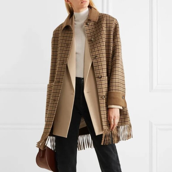 Nanushka Marzy Brown & Beige Fringed Checked Wool-Blend Coat - Picture 1 of 14